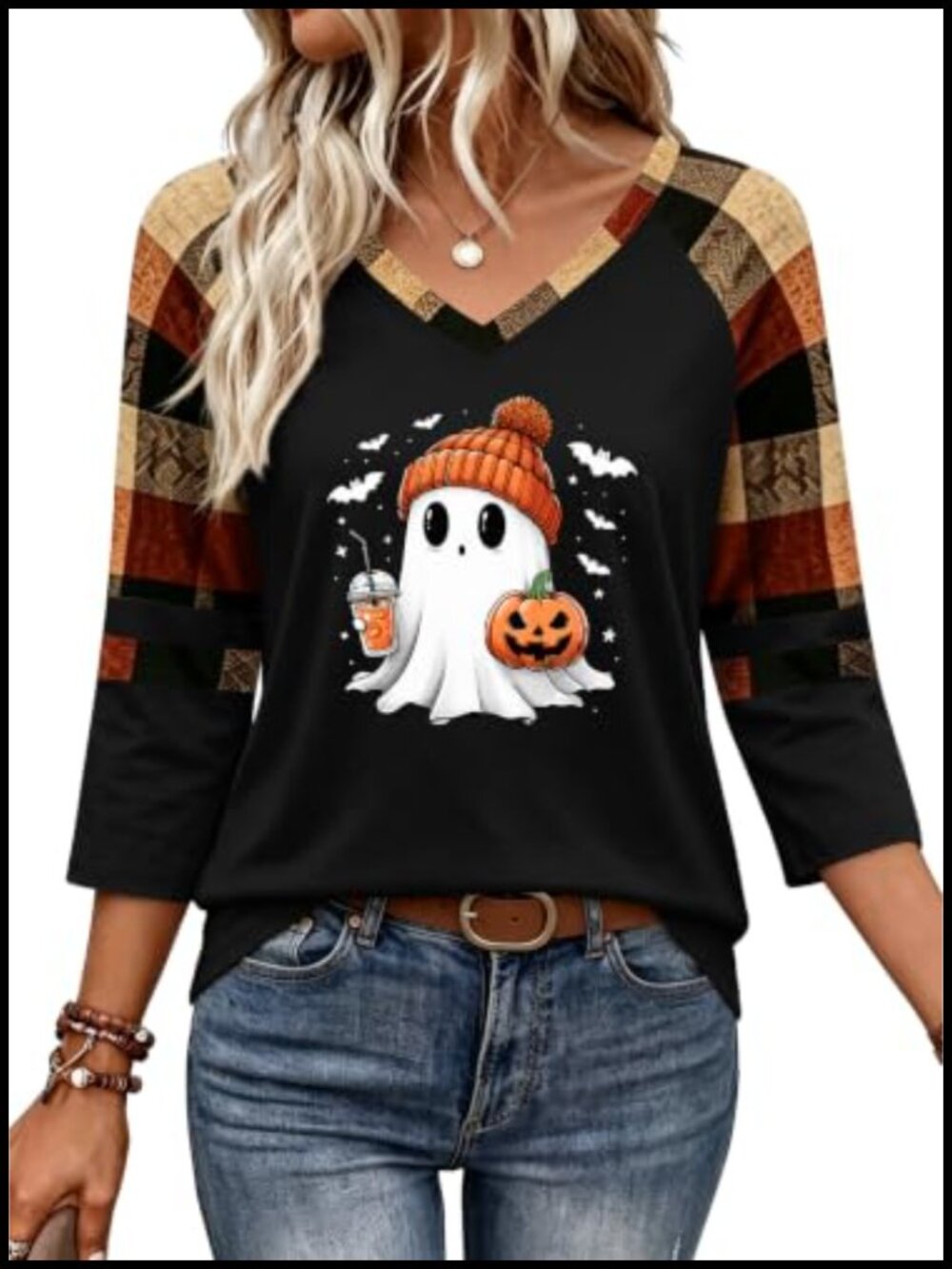 Women's Halloween V-Neck T-Shirt 3/4 Sleeve Fall Leopard Pumpkin Graphic Tee